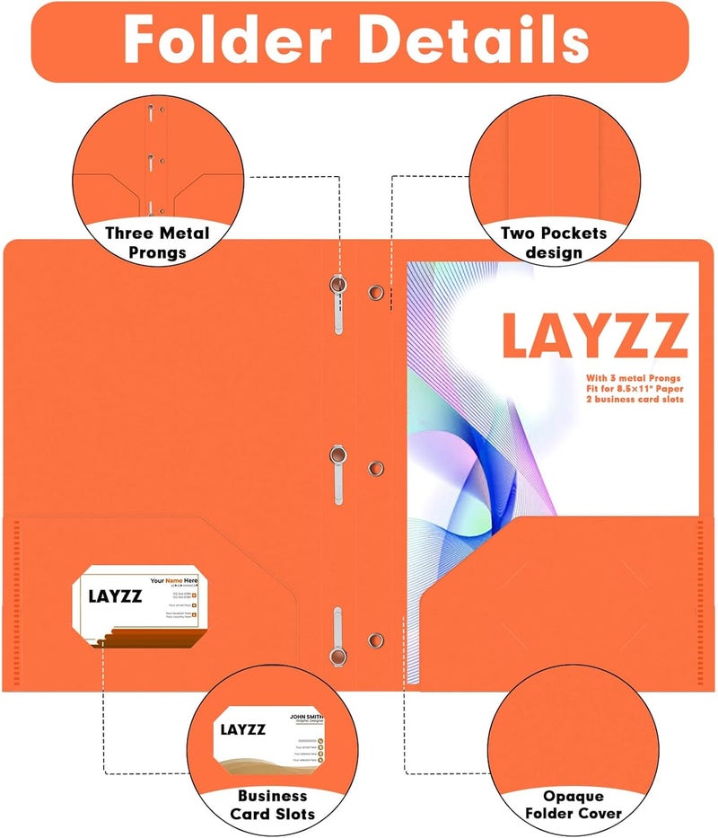 LAYZZ Plastic 2 Pocket Folders with Prongs, 30 Pack, Heavyweight, Letter Size Poly Folders with 3 Metal Prongs Fastener Clips (Orange) - Image 3